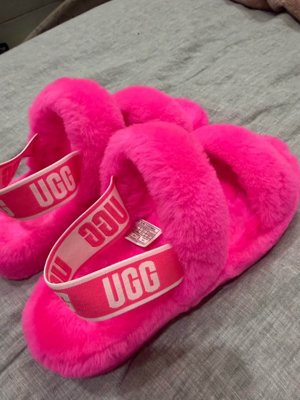 UGG Neon Pink Plush Slide Sandals - Picture 2 of 5